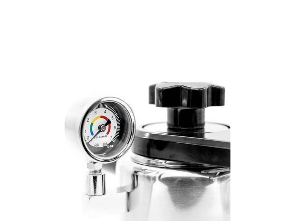 close up on the pressure gauge of the Bellman CX-25 Series Stovetop Espresso and Cappuccino Maker for van life and camping