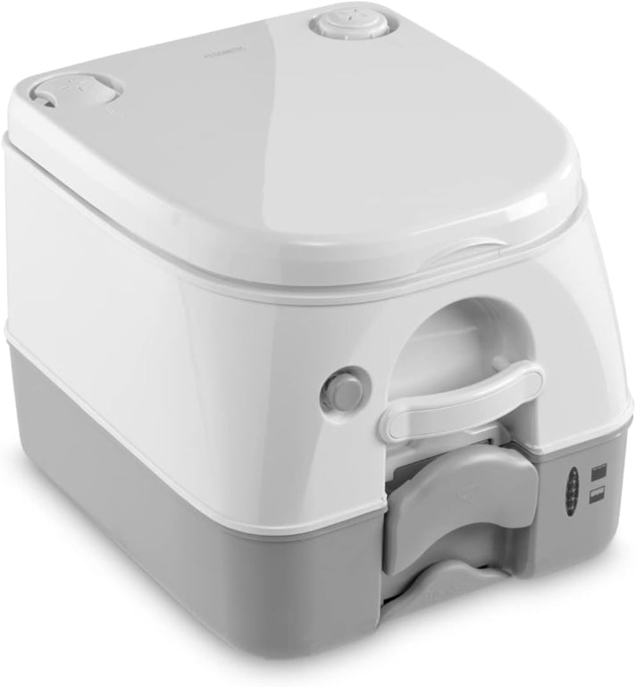 Portable toilet with gray base and white top on a white background