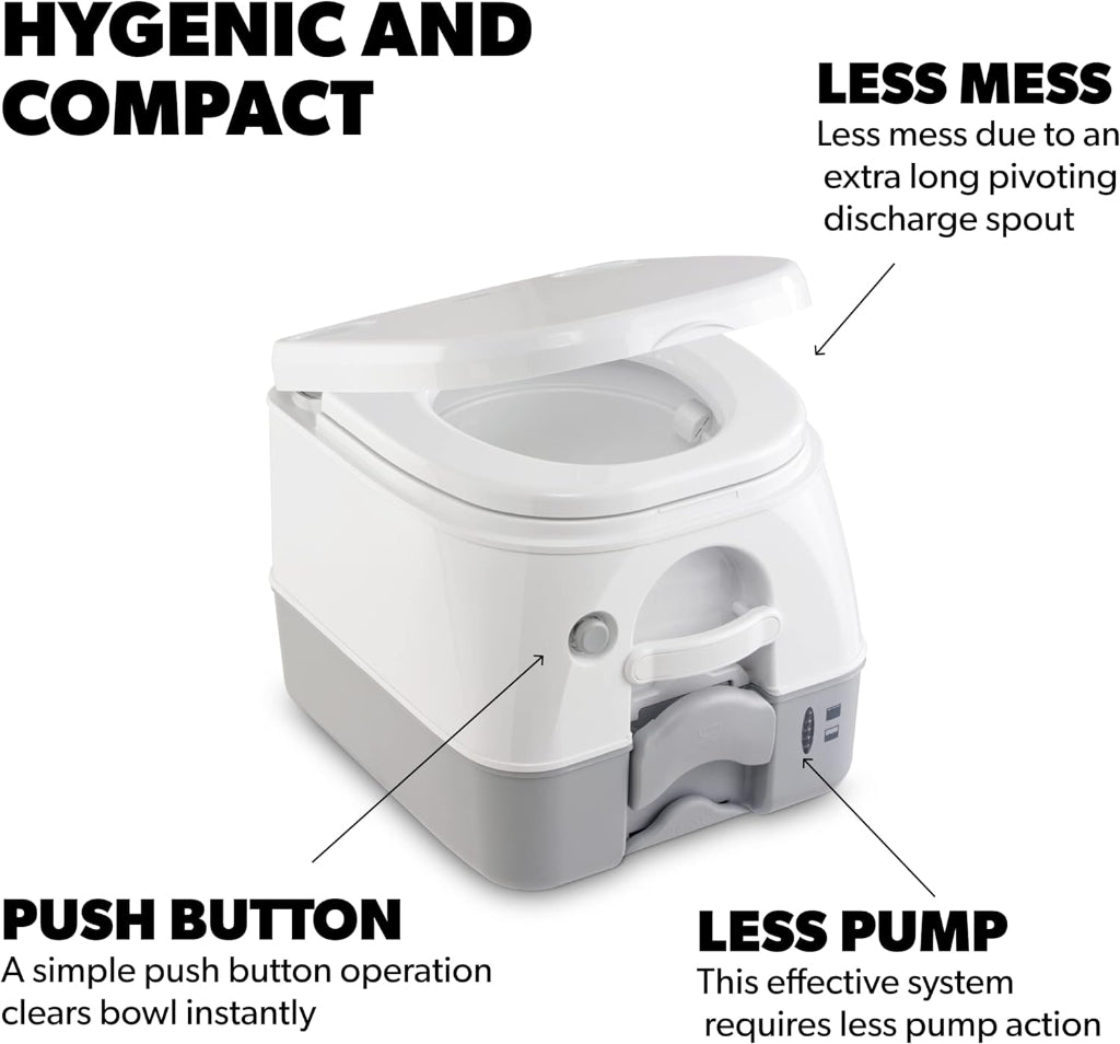 White portable toilet with features highlighted on a white background
