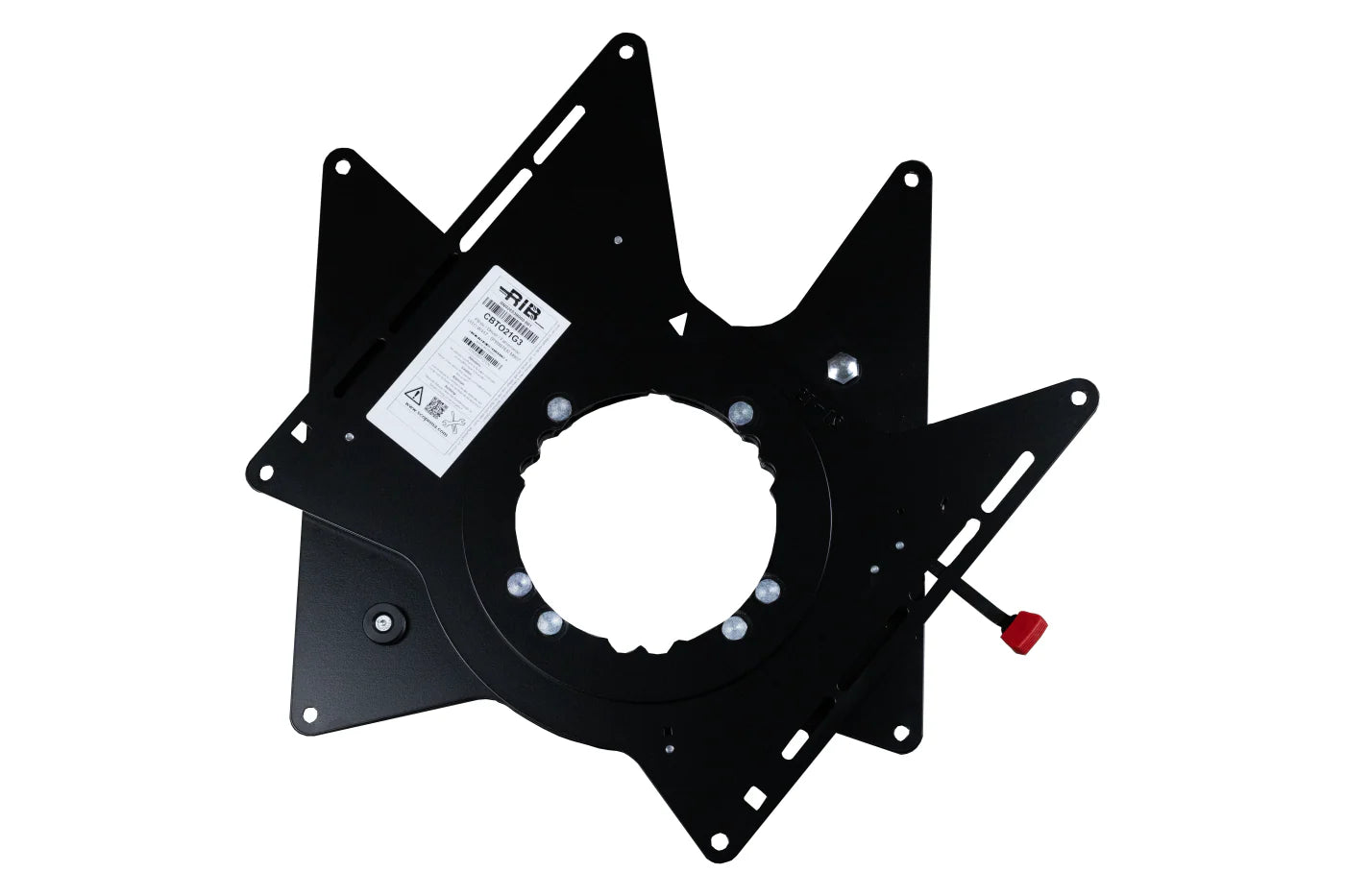 Black metal bracket with a central circular component on a white background