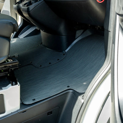 Nomad Vanz Matz in Meteor — full passenger cab view from open door, custom-fit Sprinter VS30 floor mat installed