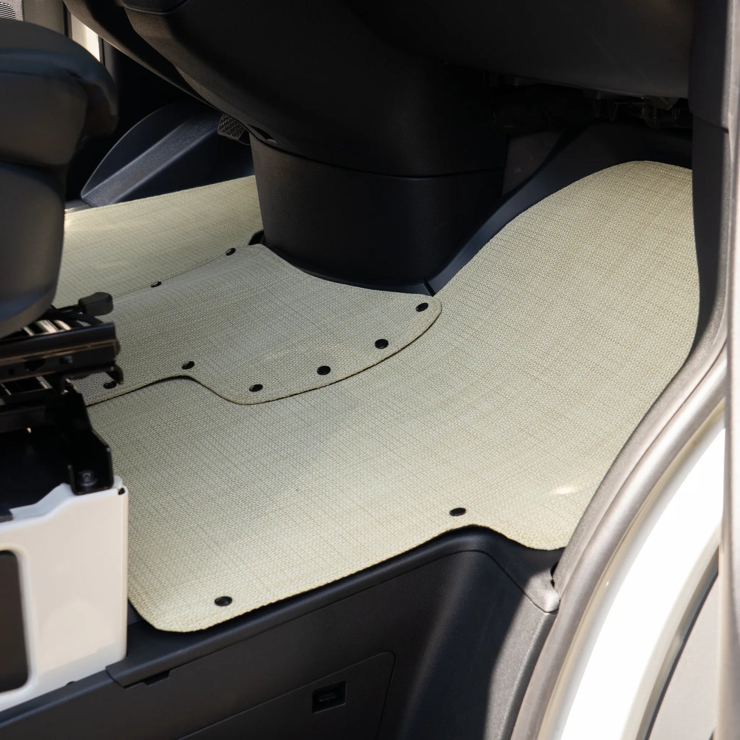 Nomad Vanz Matz in Barley — full passenger cab view from open door, custom-fit Sprinter VS30 floor mat installed