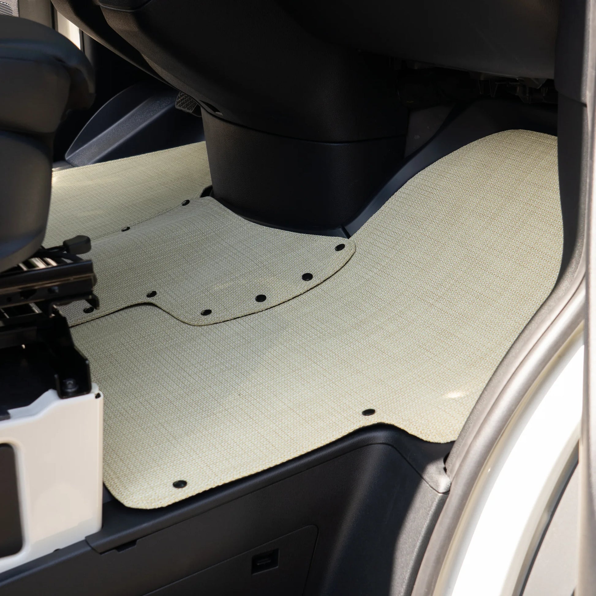 Nomad Vanz Matz in Barley — full passenger cab view from open door, custom-fit Sprinter VS30 floor mat installed