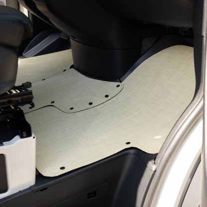 Nomad Vanz Matz in Barley — full passenger cab view from open door, custom-fit Sprinter VS30 floor mat installed