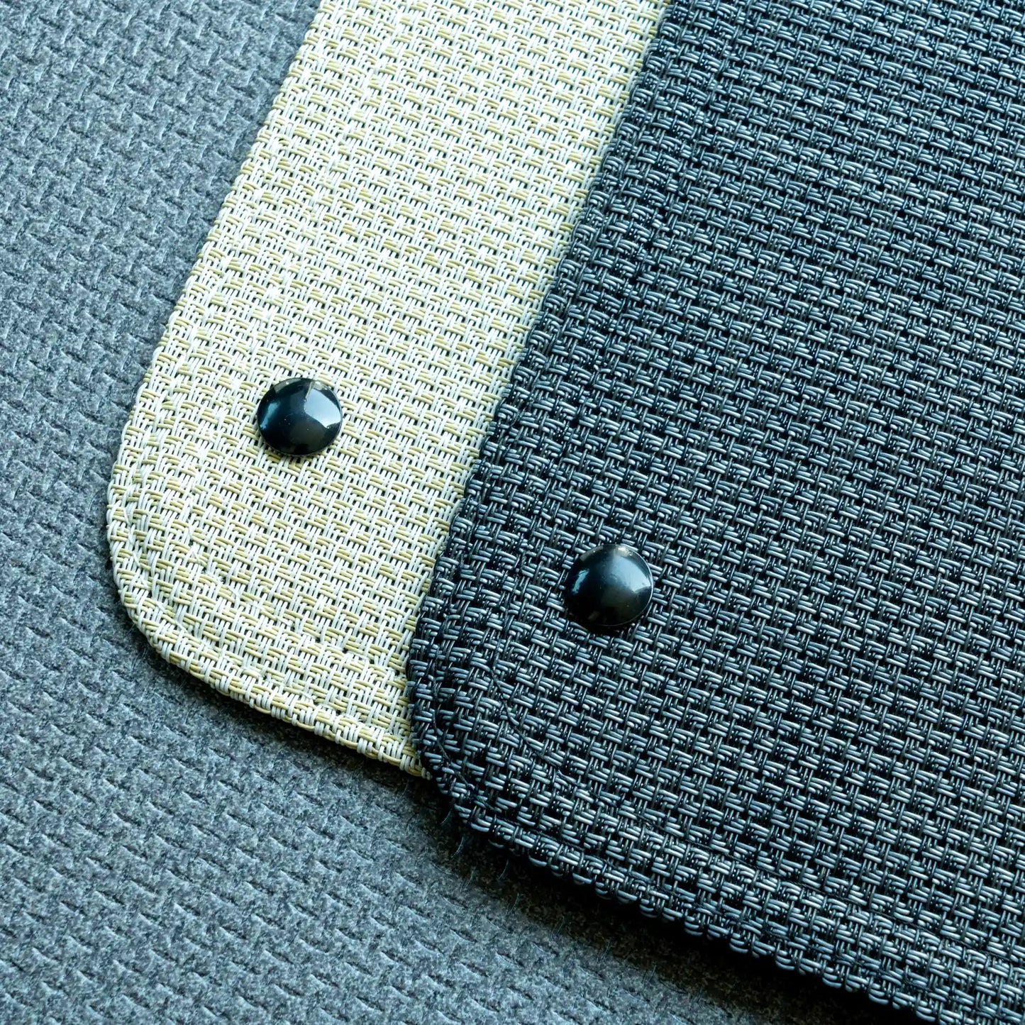 Nomad Vanz Matz Barley and Meteor snap fastener comparison — Chilewich Link edge corners side by side