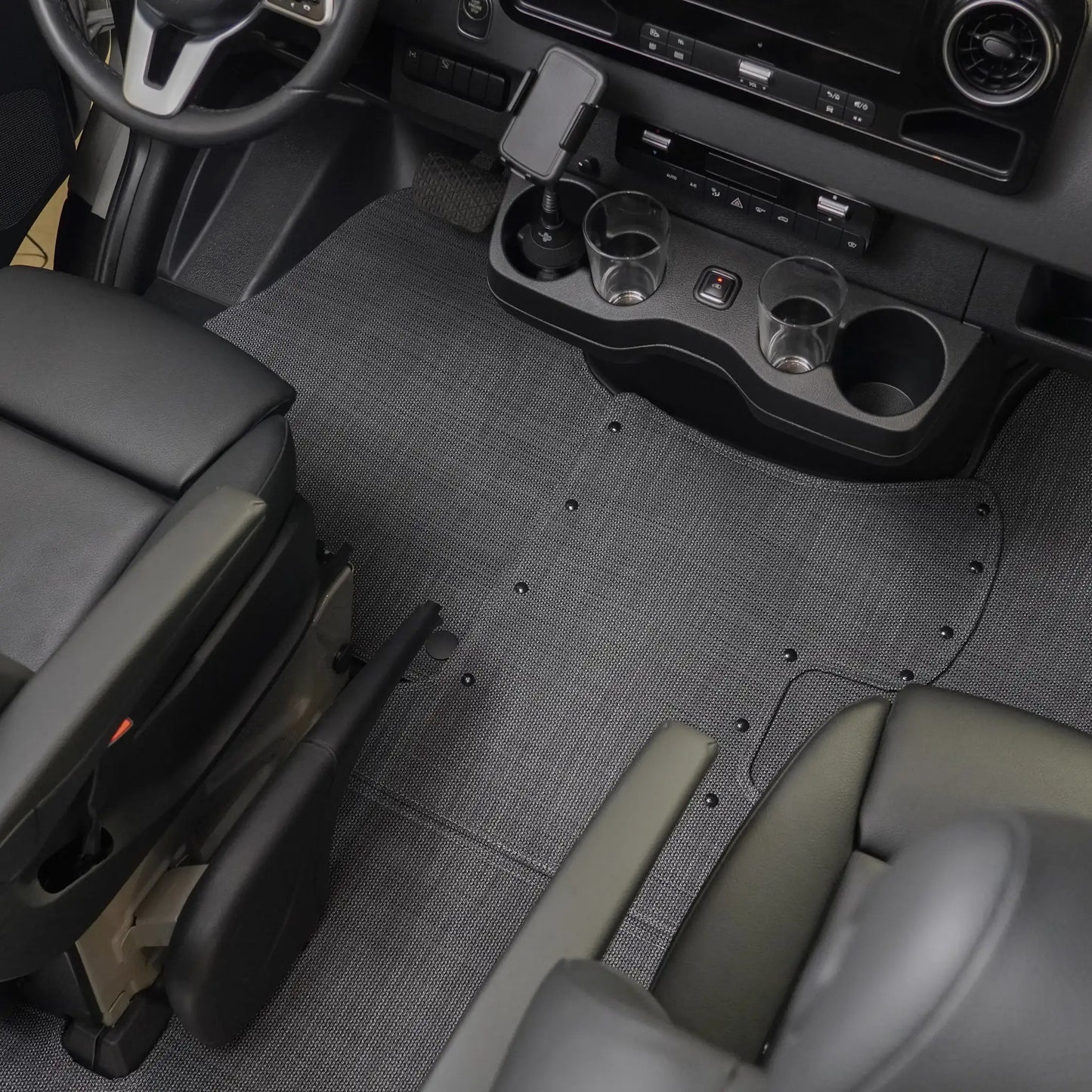 Nomad Vanz Matz in Meteor — wide view of installed Sprinter van floor mat set